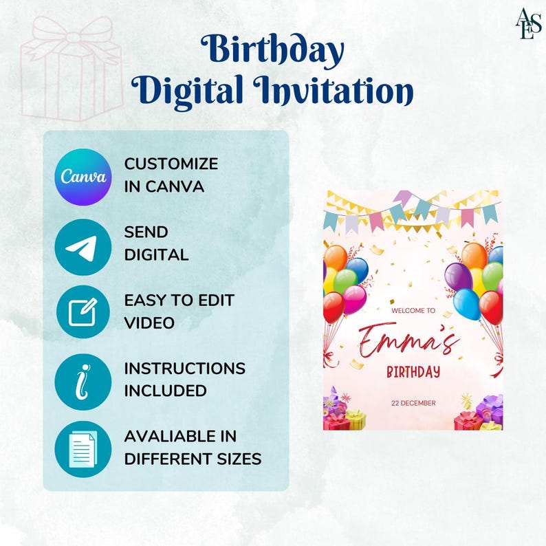 Op de afbeelding: Een digitale verjaardagsuitnodiging met de tekst "Birthday Digital Invitation". De uitnodiging toont kleurrijke ballonnen, confetti en de naam "Emma's" met de datum "22 december". Extra tekst omvat "Aanpassen in Canva" en "Digitaal verzenden".