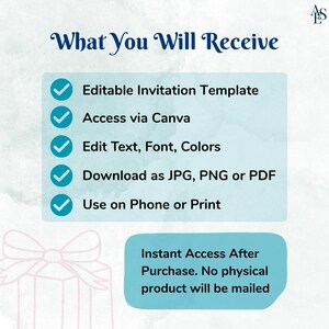 Op de afbeelding: Afbeelding van een digitaal uitnodigingssjabloon met de tekst "What You Will Receive". Met bewerkbare tekst, toegang via Canva en downloadopties als JPG, PNG of PDF. Het ontwerp is geschikt voor gebruik op telefoons of voor afdrukken. Directe toegang na aankoop.