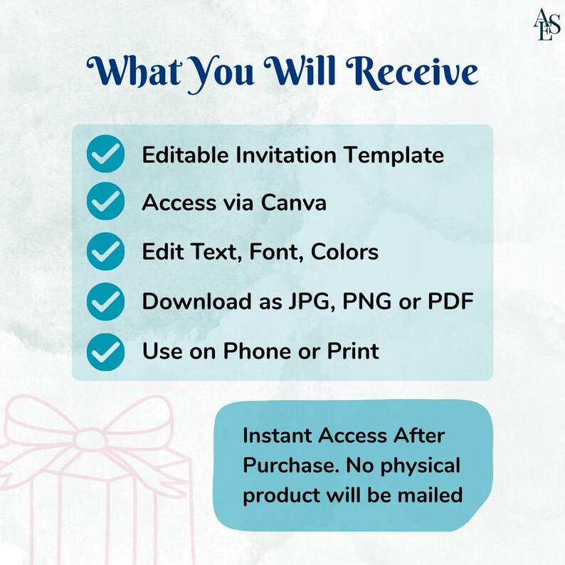 Op de afbeelding: Afbeelding van een digitaal uitnodigingssjabloon met de tekst "What You Will Receive". Met bewerkbare tekst, toegang via Canva en downloadopties als JPG, PNG of PDF. Het ontwerp is geschikt voor gebruik op telefoons of voor afdrukken. Directe toegang na aankoop.