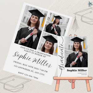 May include: Graduation announcement featuring a photo collage of a graduate in a cap and gown, holding a diploma. The invitation includes the graduate's name, event details, and RSVP information. The design is in black and white with a touch of gold.
