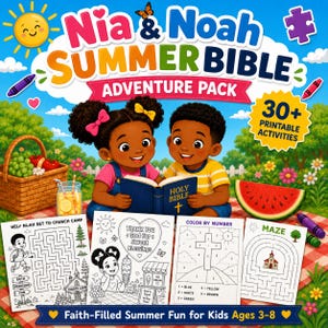 May include: A vibrant illustration featuring two children reading a Bible, with the title "Nia & Noah SUMMER BIBLE ADVENTURE PACK." The image includes a watermelon slice, crayons, and activity pages with mazes and coloring pages. The text reads "Faith-Filled Summer Fun for Kids Ages 3-8."