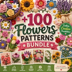 100 Plus Virkade Blommönster Bunt Blomapplikation PDF Direktnedladdning