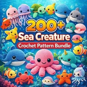 Puede incluir: Una imagen vibrante que muestra una colección de criaturas marinas de ganchillo, incluyendo medusas, tortugas y peces. La imagen presenta una pancarta que dice "200+ Sea Creature Crochet Pattern Bundle". Las criaturas son de varios colores, sobre un fondo azul submarino.