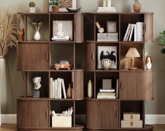 Tall Bookshelf With Sliding Door Mid Century Bookcase Storage Shelf Display Organizer