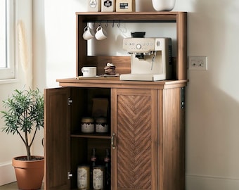 Farmhouse Coffee Bar Cabinet Storage Hutch Charging Station Hooks Adjustable Shelf