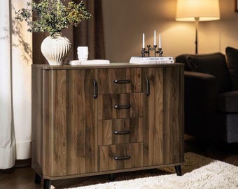 Aparador/vitrina de mediados de siglo con cajones y puertas, de nogal.