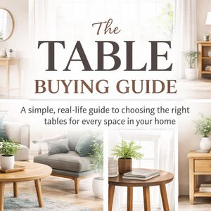 Puede incluir: Un anuncio de una guía de compra de mesas. La imagen presenta varias mesas en diferentes entornos, incluyendo una consola, una mesa de centro y mesas de noche. El texto dice "The TABLE BUYING GUIDE".