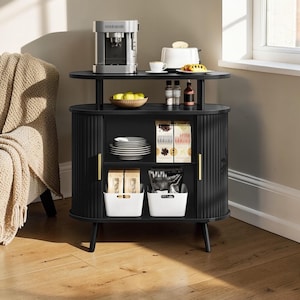 Modern Bathroom Storage Cabinet Sliding Door Organizer Freestanding Wood Console Black