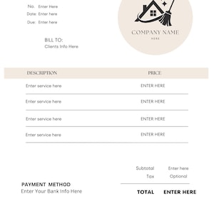 May include: A beige and white invoice template with the word "INVOICE" at the top. It includes fields for invoice number, date, and due date, along with sections for client information, service descriptions, and payment details. A logo of a house and broom is in the upper right corner.
