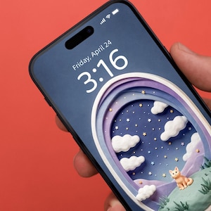 Diorama 3D de argila com gato ruivo em Noite Estrelada para iPhone | Fundo roxo com estrelas, nuvens e arcos