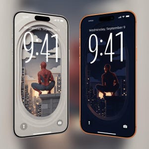 以下が含まれることがあります： スパイダーマンをテーマにした壁紙のスマートフォン2台。1台はシルバーフレーム、もう1台はゴールドフレーム。どちらも9月9日水曜日9時41分を表示。壁紙は屋上にいるスパイダーマンを描いています。