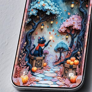 Könnte beinhalten: Ein Smartphone mit einer digitalen Illustration einer schwarzen Katze mit rotem Schal, die auf einer Holzkiste in einem Wald mit leuchtenden Laternen, herbstlichen Blättern und orangefarbenen Kürbissen auf einem Steinweg sitzt.