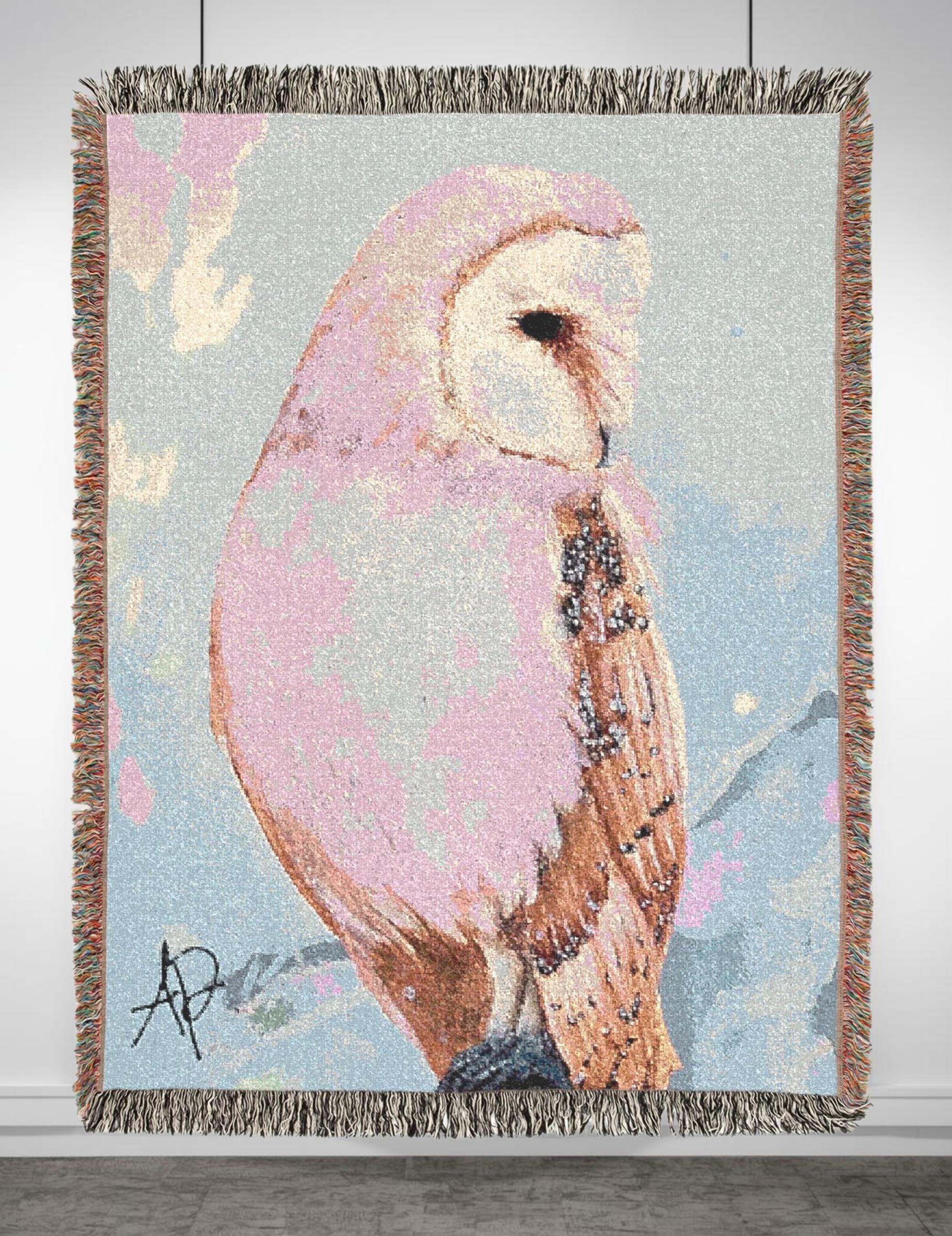 Barn Owl Woven Blanket "With Confidence" | Original Nature Illustration Print, Tapestry Th