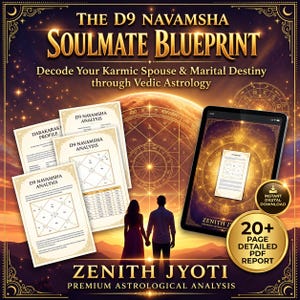 May include: A digital astrology report titled The D9 Navamsha Soulmate Blueprint. The image features printed analysis pages, a tablet displaying a report, and gold circular badges stating Instant Digital Download and 20+ Page Detailed PDF Report.