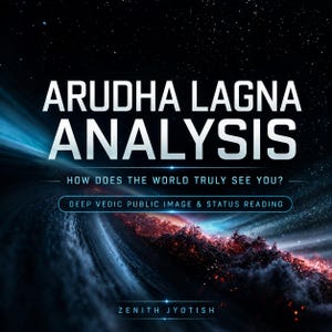 May include: A digital graphic featuring the text ARUDHA LAGNA ANALYSIS, HOW DOES THE WORLD TRULY SEE YOU?, DEEP VEDIC PUBLIC IMAGE & STATUS READING, and ZENITH JYOTISH. The background displays a swirling dark blue and black galaxy with stars.