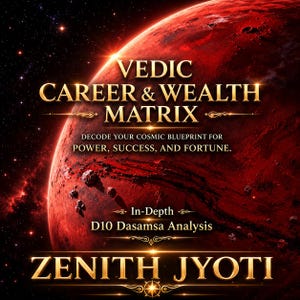 Op de afbeelding: Een digitale afbeelding met een rode planeet tegen een donkere sterrenhemel. De tekst luidt: VEDIC CAREER & WEALTH MATRIX, DECODE YOUR COSMIC BLUEPRINT FOR POWER, SUCCESS, AND FORTUNE., In-Depth D10 Dasamsa Analysis, ZENITH JYOTI.