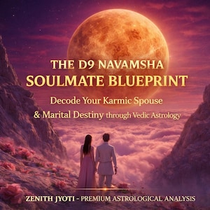 May include: A digital artwork with the text "THE D9 NAVAMSHA SOULMATE BLUEPRINT" and "Decode Your Karmic Spouse & Marital Destiny through Vedic Astrology". The image shows a couple standing before a large celestial body, with a mountain range and clouds.
