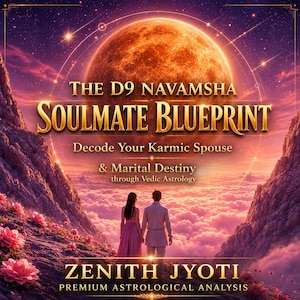 May include: A digital graphic featuring a large glowing moon above a couple standing on a cliff overlooking clouds. Text reads: The D9 Navamsha Soulmate Blueprint, Decode Your Karmic Spouse & Marital Destiny through Vedic Astrology, Zenith Jyoti.