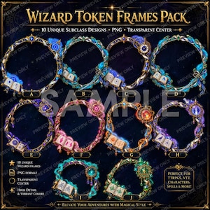 May include: A digital collection titled Wizard Token Frames Pack featuring ten circular frames with transparent centers. Each frame displays unique magical elements like open books, glowing orbs, and crystals in blue, pink, orange, and green hues.