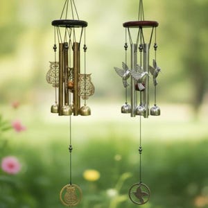 Owl & Hummingbird Wind Chimes, Outdoor Metal Wind Chime, Memorial Gift, Garden Hanging Decor, Patio Yard Ornament, Soothing Bells