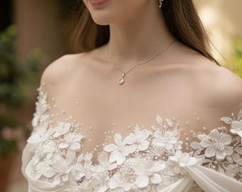 Abito da sposa a trapezio con spalle scoperte e pizzo, abito da sposa da principessa, abito in tulle con scollo a barca.