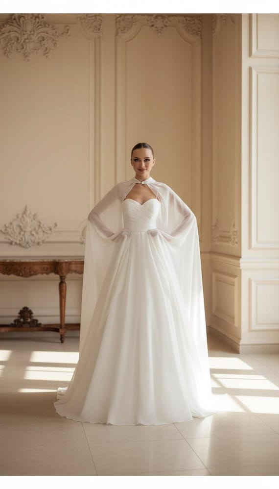 white dress with cape overlay and effortlessly elegant Elliatt Poppy Cape Layered Gown