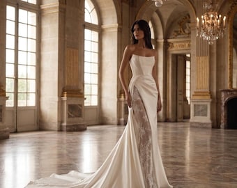 Abito da sposa a sirena in raso senza spalline, abito da sposa con applicazioni in pizzo, abito senza maniche plissettato,
