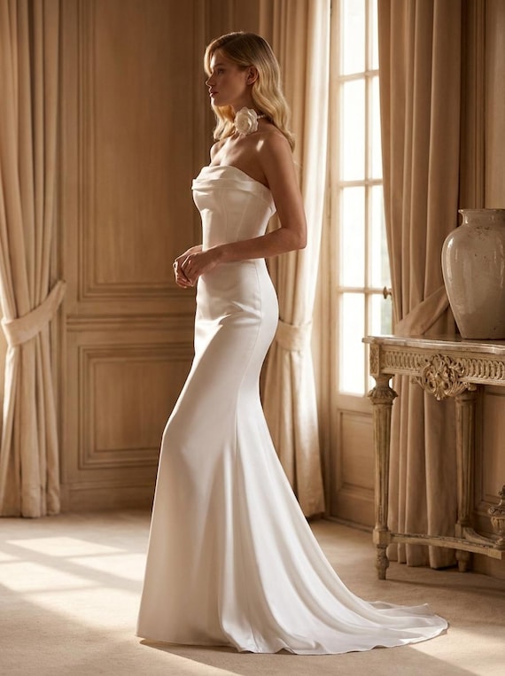 maxi dress with fitted bodice Strapless Satin Corset Maxi Dress, Formal Evening Gown, Bridal Reception  White Black Red