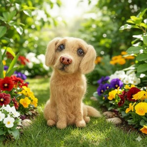 Pode incluir: Uma escultura de cão dourada feita à mão, com olhos grandes e expressivos e um nariz rosa, sentada na relva verde. O cão está rodeado por flores coloridas, incluindo flores vermelhas, amarelas, brancas e roxas, criando uma cena de jardim vibrante.