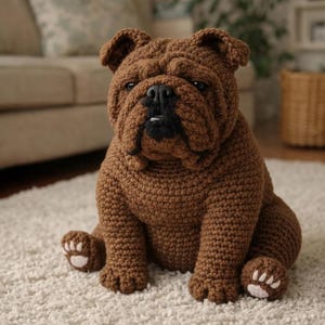 May include: A brown crocheted bulldog dog with a black nose and white paw pads. The handmade stuffed animal is sitting on a white rug. The dog has a distinctive wrinkled face and floppy ears.