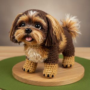 Op de afbeelding: Een gehaakte hondenfiguur in bruin-, beige- en crèmetinten, met een vrolijke uitdrukking. De hond heeft een pluizige staart en staat op een ronde houten basis. De tong van de hond is zichtbaar.