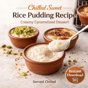 Arroz con leche dulce frío tradicional: postre cremoso y caramelizado (PDF de descarga instantánea)
