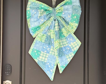 Patchwork Spring Door Bow Wreath – Blue and Green Front Door Decor, Handmade Fabric Bow