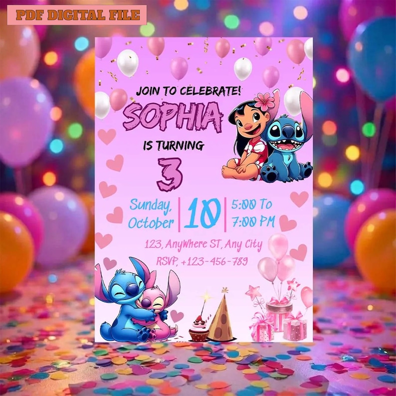 Puede incluir: Una invitaci&oacute;n de cumplea&ntilde;os digital rosa con personajes de Lilo y Stitch, globos y confeti. El texto dice: JOIN TO CELEBRATE! SOPHIA IS TURNING 3, Sunday, October 10, 5:00 To 7:00 PM, 123, AnyWhere ST, Any City, RSVP, +123-456-789.