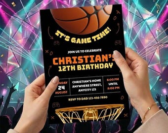 Invitación de cumpleaños personalizada con temática de baloncesto, invitación para fiesta temática de partidos, tarjeta de cumpleaños número 12 para niños, invitación en PDF editable e imprimible.