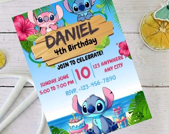 Invitación de cumpleaños personalizada de Lilo y Stitch, tarjeta para fiesta hawaiana tropical, invitación para celebración infantil, tarjeta PDF imprimible personalizada