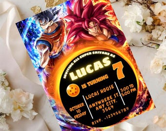 Invitación de cumpleaños personalizada de Dragon Ball, invitación para fiesta de Super Saiyan, tarjeta de cumpleaños para niño de 7 años, invitación impresa de Goku naranja, invitación en PDF