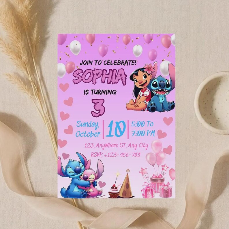 Invitación de cumpleaños personalizada de Lilo y Stitch en PDF, invitación para fiesta con globos rosas, tarjeta imprimible personalizada en PDF imagen 4