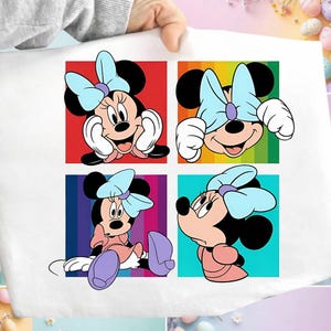 May include: A white square featuring four colorful panels, each showcasing a different Minnie Mouse pose. Minnie is depicted with her signature black ears, a light blue bow, and a pink dress. The backgrounds are red, rainbow, purple, and teal.