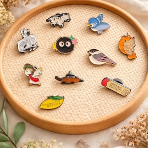 Set of 10 Kawaii Enamel Pins/Brooches - Soot Sprite Ghibli, Jesus Dab, Tempura Cat, Cute Birds | Collectible Pins for Jackets and Bags
