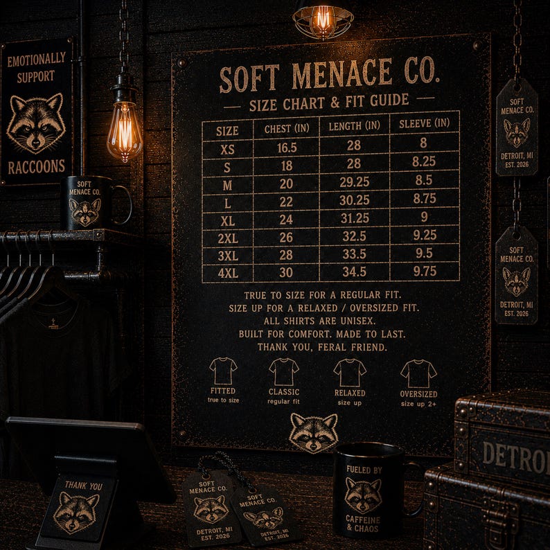 Soft Menace Co. t-shirt size chart and garment measurements displayed in dark gothic aesthetic layout with cinematic amber lighting. Includes chest width, body length, sleeve measurements, and fit recommendations for Comfort Colors 1717 graphic tees. Alternative clothing brand sizing reference card designed for gothic fashion shoppers, oversized t-shirt lovers, and punk streetwear customers.