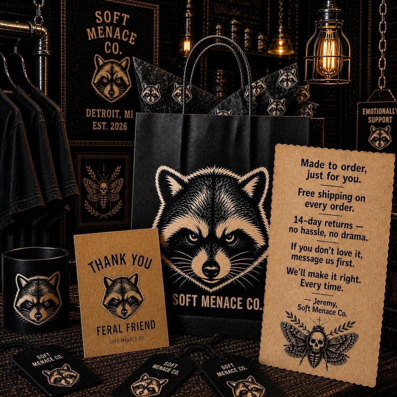 Soft Menace Co. branded packaging and thank you insert display featuring raccoon mascot artwork, gothic branding cards, apparel packaging materials, stickers, and premium small business presentation. Dark walnut wood background with cinematic amber lighting and punk-inspired props. Alternative clothing brand packaging aesthetic for gothic apparel shoppers and dark feminine streetwear customers.