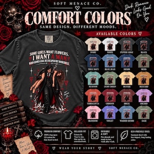 Comfort Colors 1717 color chart for the Soft Menace Co. dark romance reader shirt, displaying available garment-dyed T-shirt colors including pepper gray, black, ivory, blossom pink, espresso brown, moss green, and true navy. Color selection guide for the “Some Girls Want Flowers, I Want a Man Who Looks Like He Escaped My Bookshelf” bookish graphic tee for dark romance readers, spicy book lovers, and fictional men fans.