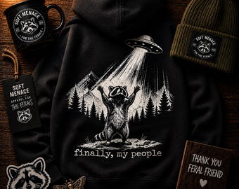 Endlich sind meine Leute Hoodie, Waschbär UFO Hoodie, Dark Humor Bekleidung