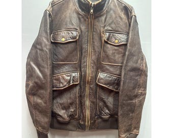 Orvis Sporting Traditions Mens Brown Leather Bomber Jacket Distressed Size L