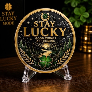 Puede incluir: Una moneda circular con borde dorado sobre fondo negro con el texto STAY LUCKY y GOOD THINGS ARE COMING. El diseño incluye una herradura, un trébol de cuatro hojas, un camino sinuoso a través de un bosque y un sol naciente sobre un soporte.