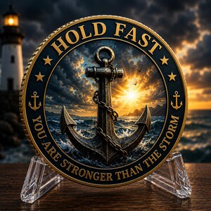 Può includere: Una moneta metallica circolare con un'ancora centrale avvolta da una catena, su uno sfondo di tramonto oceanico. Il bordo nero mostra il testo HOLD FAST e YOU ARE STRONGER THAN THE STORM in lettere dorate, con quattro stelle e ancore dorate.