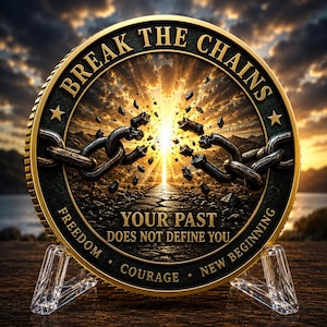 May include: A circular gold-rimmed coin featuring a black centre with a broken chain graphic and a bright light background. Text reads: BREAK THE CHAINS, YOUR PAST DOES NOT DEFINE YOU, FREEDOM, COURAGE, NEW BEGINNING. The coin rests on a clear stand.