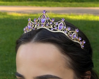 Purple Tiara Crown, Gold Wedding Tiara, Princess Crown, Prom Headpiece, Bridal Crown