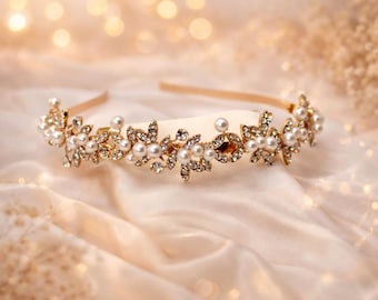 Gold Bridal Tiara Pearl Rhinestone, Leaf Vine Wedding Crown Headpiece, Wedding Hair Accessory, Prom Crown
